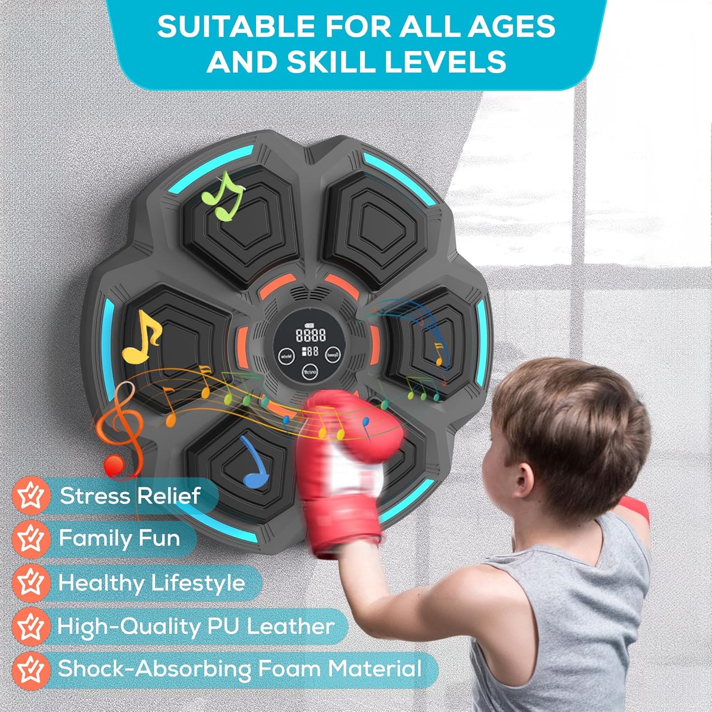 Smart Music Boxing Machine – Wall-Mounted Punching Pad for Adults & Kids | Home Training Equipment with LED Lights, Bluetooth & Custom Modes for a Fun, Interactive, and Customizable Workout!